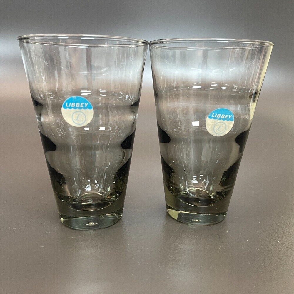 Vintage Libbey Ripple Smoke Gray Clear Glass Glasses Saturn Optic NWOT‎ Lot of 2